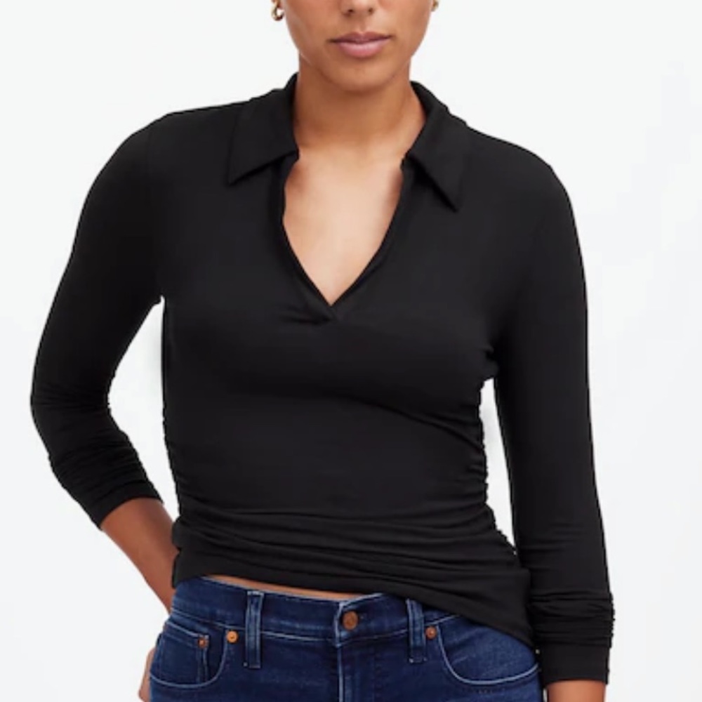 Madewell Side-Cinch Long-Sleeve Polo Top Jersey Knit, Black, Size Large